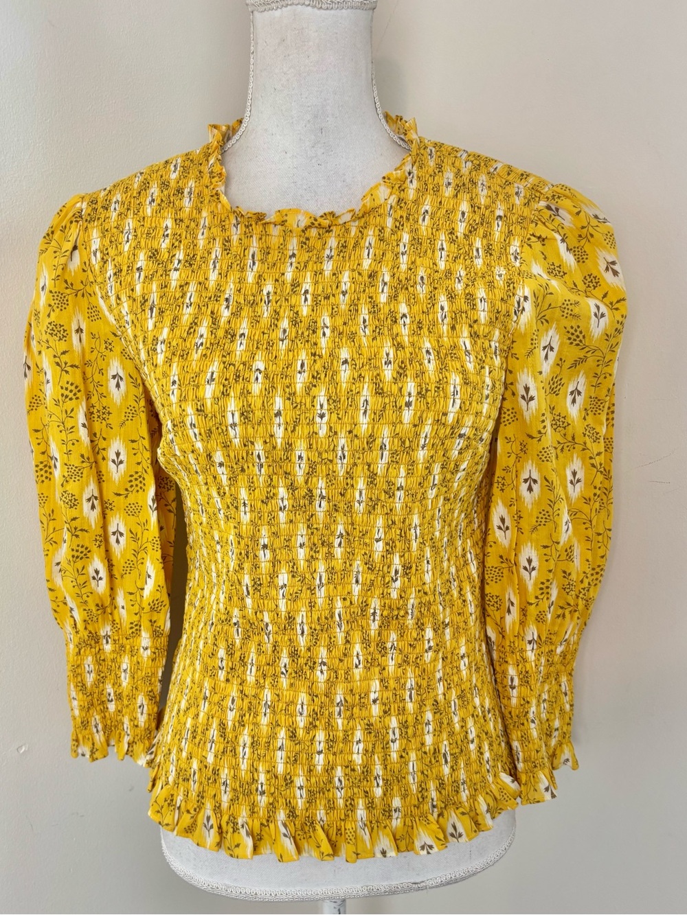 Veronica Beard Kali “Smocked Sun” Yellow Cotton and Silk Blend Blouse Size 6